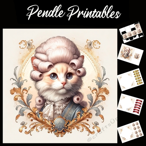 Cute Rococo Style Aristo-Cat 11 7x7 Card Kit. Matching Box, Gift Bauble,Tag