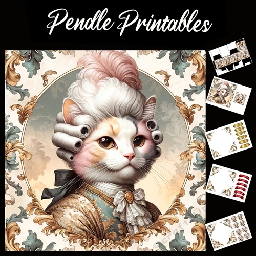 Cute Rococo Style Aristo-Cat 12 7x7 Card Kit. Matching Box, Gift Bauble,Tag