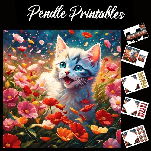 Chasing Daisies Kitten 7x7 Card Kit. Matching Box, Gift Bauble,Tag