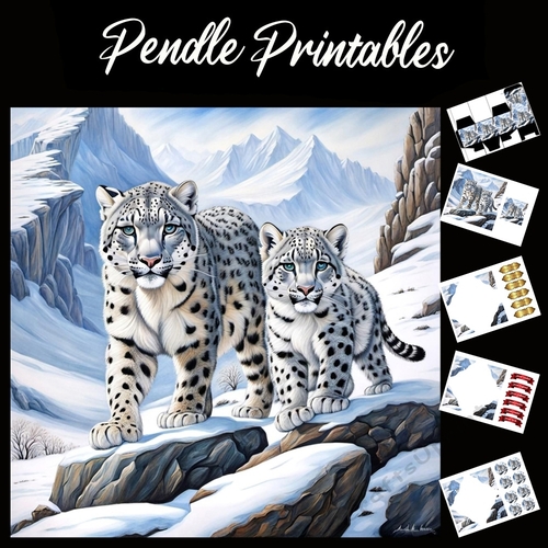 Snow Leopards 7x7 Card Kit. Matching Box, Gift Bauble,Tag