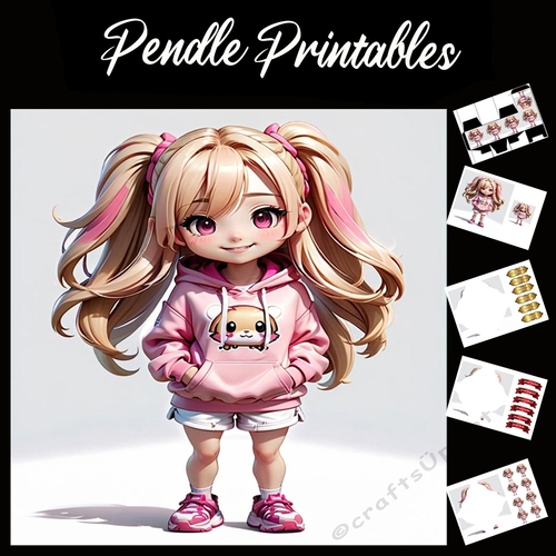 Chibi Style Cute Girl 7x7 Card Kit. Matching Box, Gift Bauble,Tags