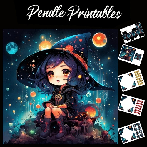 Chibi Style Cute Witch 7x7 Card Kit. Matching Box, Gift Bauble,Tags