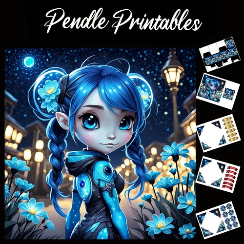 Chibi Style Cute Anime Girl 7x7 Card Kit. Matching Box, Gift Bauble,Tags