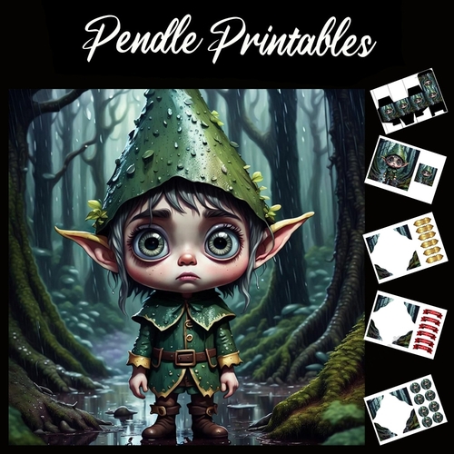 Chibi Style Sad Elf 7x7 Card Kit. Matching Box, Gift Bauble,Tags