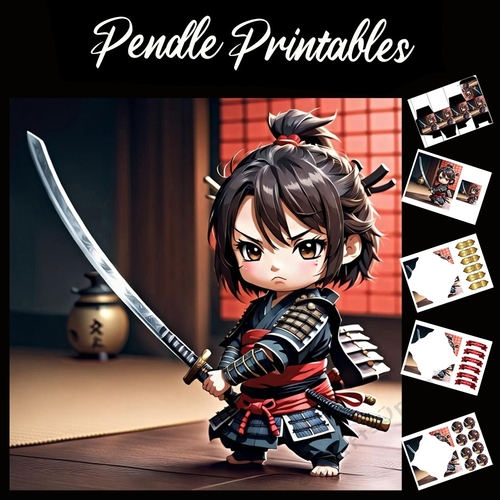 Chibi Style Cute Samurai Girl 7x7 Card Kit. Matching Box, Gift Bauble,Tags