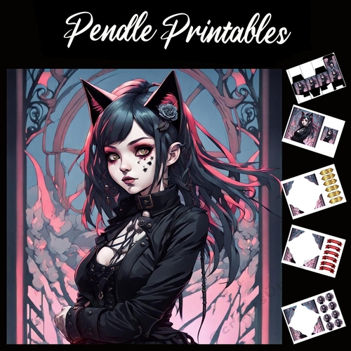 Chibi Style Gothic Cat Girl 7x7 Card Kit. Matching Box, Gift Bauble,Tags