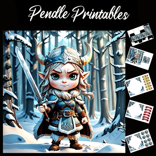 Chibi Style Cute Viking Elf  7x7 Card Kit. Matching Box, Gift Bauble,Tags