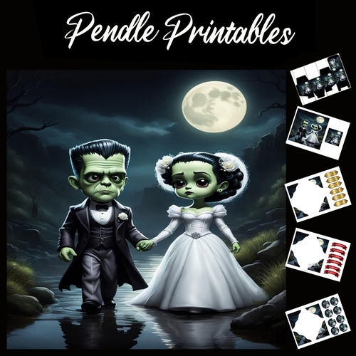 Chibi Style Frankenstein And His Bride 7x7 Card Kit. Matching Box, Gift Bauble,Tags