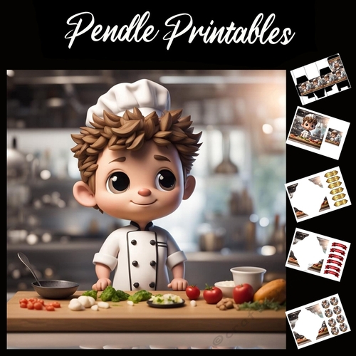Chibi Style Cute Young Boy Chef 7x7 Card Kit. Matching Box, Gift Bauble,Tags