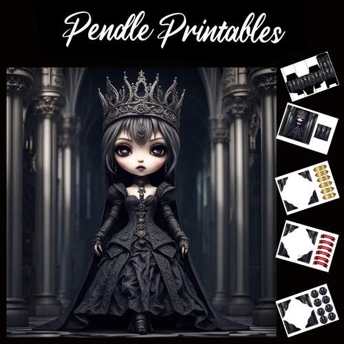 Chibi Style Evil Gothic Queen 7x7 Card Kit. Matching Box, Gift Bauble,Tags
