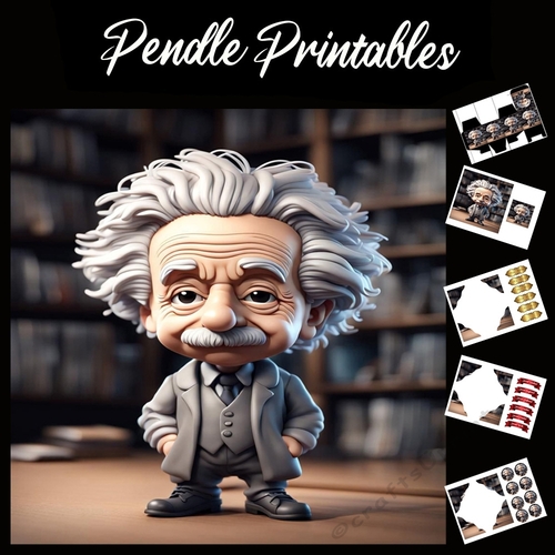 Chibi Style Einstein 7x7 Card Kit. Matching Box, Gift Bauble,Tags