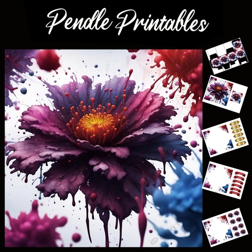 Splatter Art: Purple Bloomer 7x7 Card Kit. Matching Box, Gift Bauble,Tags