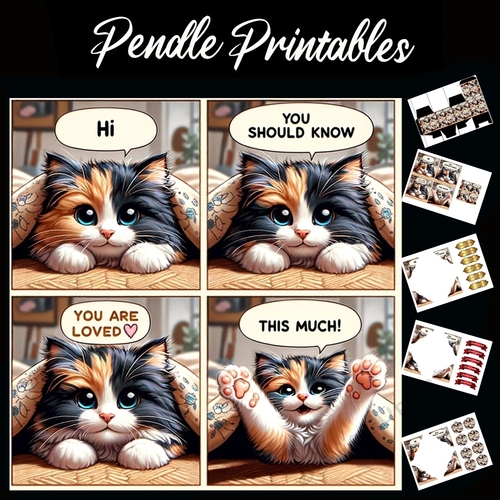 You Are Loved This Much Cute Cat Card 7x7 Card Kit. Matching Box, Gift Bauble, Tags