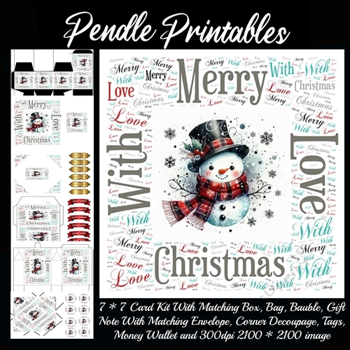 NEW* Word Art Border Card Merry Christmas With Love Snowman .9 Piece 7x7 Complete Kit