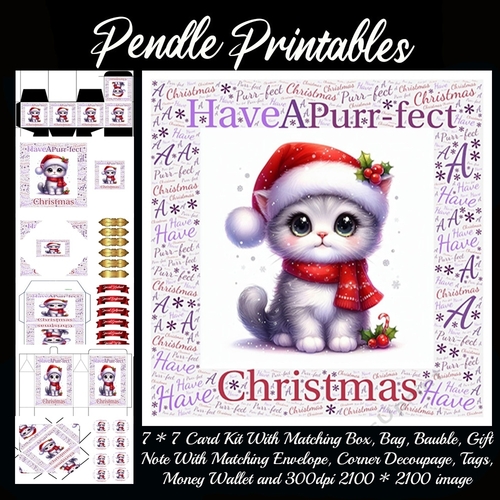 NEW* Word Art Border Card Have A Purr-fect Christmas Cat. 9 Piece 7x7 Complete Kit