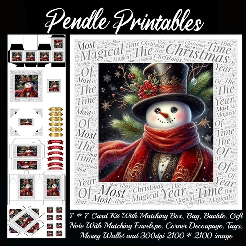 NEW* Word Art Border Card Magical Christmas Snowman. 9 Piece 7x7 Complete Kit