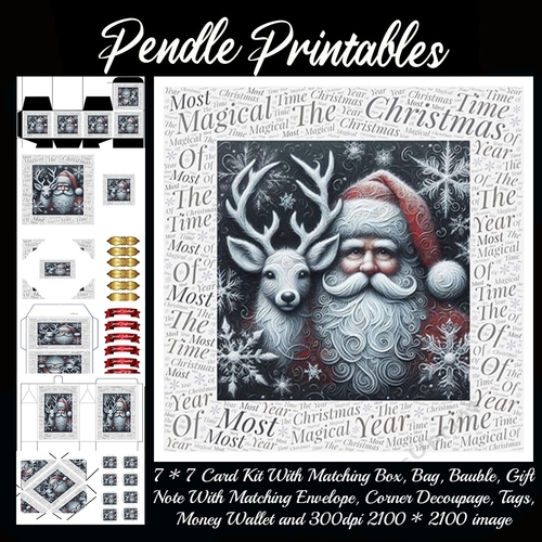 NEW* Word Art Border Card Magical Christmas Santa. 9 Piece 7x7 Complete Kit