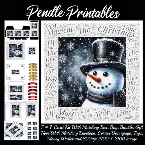 NEW* Word Art Border Card Magical Christmas Snowman 2. 9 Piece 7x7 Complete Kit