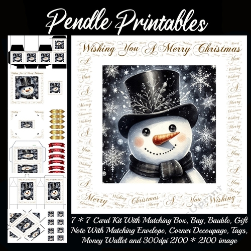 Wishing You A Merry Christmas Snowman With & Without Border Cards. 9 Piece 7x7 Complete Card Kit. 