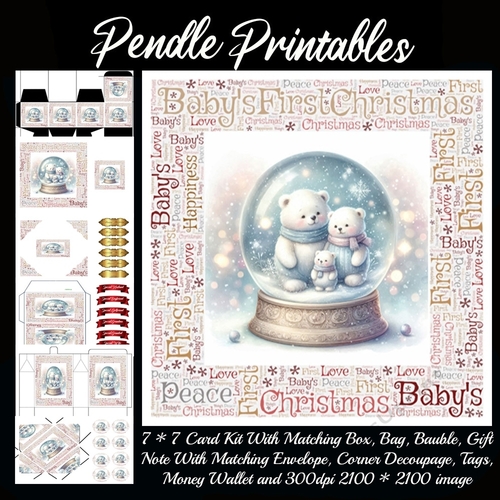 Babys First Christmas Globe 2 With & Without Word Border Cards. 9 Piece 7x7 Complete Card Kit. 