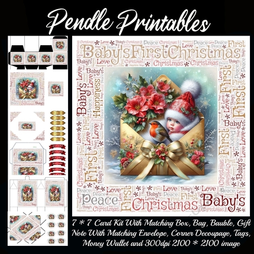 Babys First Christmas Baby & Robin In Envelope 3 With & Without Border Cards. 9 Piece 7x7 Complete Card Kit. 