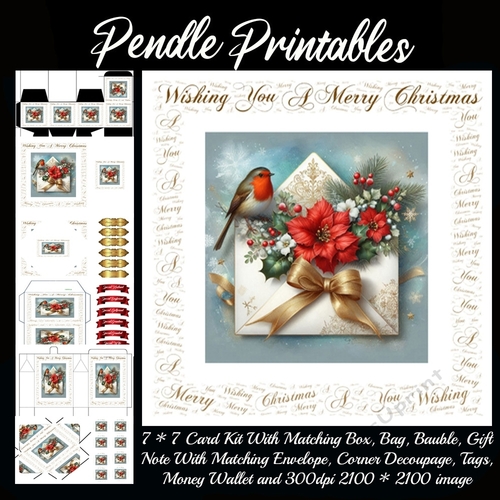 Wishing You A Merry Christmas Robin With Foliage Envelope 6. 9 Piece Card Kit.