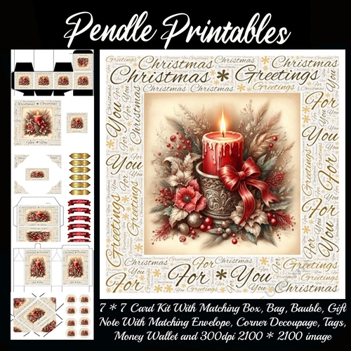 Christmas Greetings For You Candle & Flowers 5. 9 Piece Card Kit.