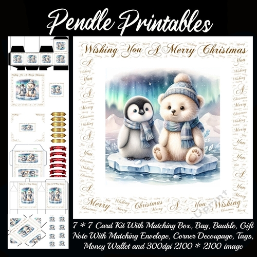 Wishing You A Merry Christmas Cute Penguin & Polar Bear 6. 9 Piece Card Kit.