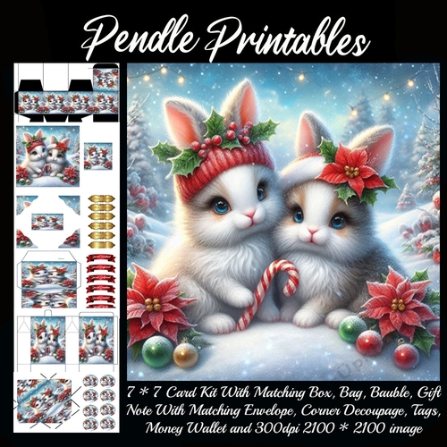 Cute Christmas Rabbits.  9 Piece Card Kit. 08