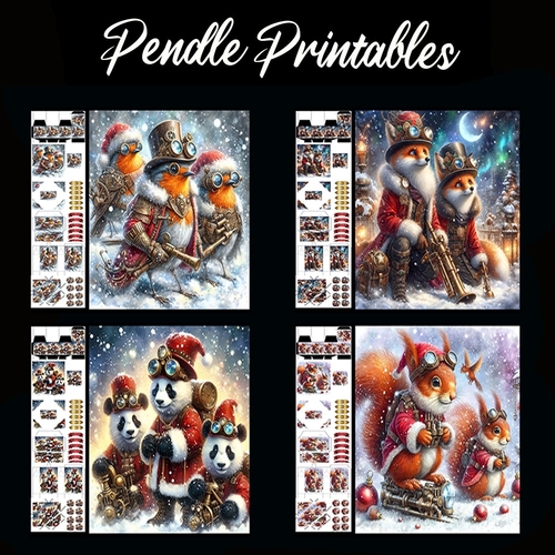 Steam Punk Animals Mixed Christmas Cards.  4 Card Kit with 32 Piece Matching Adornments
