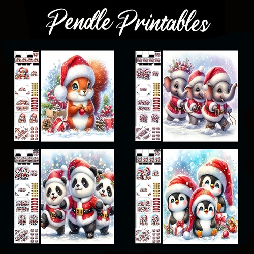 Christmas Animals Mixed Christmas Cards.  4 Card Kit with 32 Piece Matching Adornments