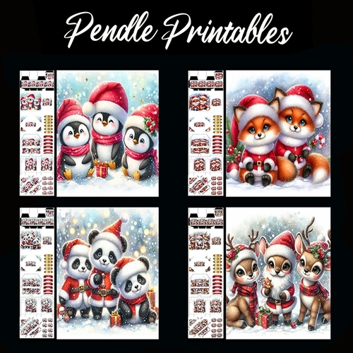 Christmas Animals Mixed Christmas Cards.  4 Card Kit with 32 Piece Matching Adornments
