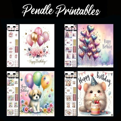 Happy Birthday Mixed Pack.  4 Card Kit with 32 Piece Matching Adornments