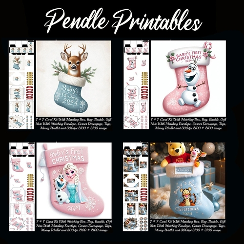 Babys First Christmas Card Pack (16)..  4 Card Kit with 32 Piece Matching Adornments