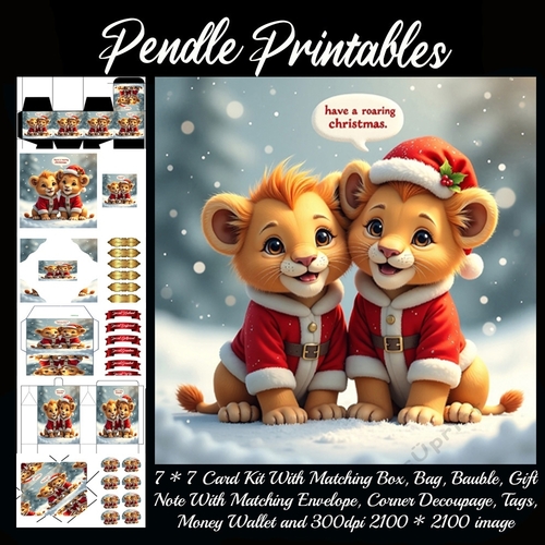 Have A Roaring Christmas! Two Cute Christmas Lion Cubs In Santa Suits. 9 Piece 7x7 Complete Kit