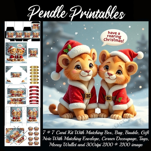 Have A Roaring Christmas! Two Cute Christmas Lion Cubs In Santa Suits (2). 9 Piece 7x7 Complete Kit
