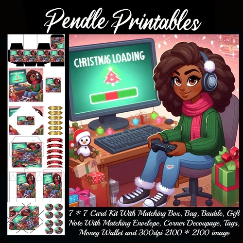 Christmas Loading Female Gamer. 9 Piece 7x7 Complete Kit