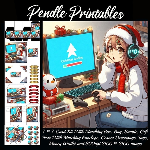 Christmas Loading Anime Style Female Gamer. 9 Piece 7x7 Complete Kit