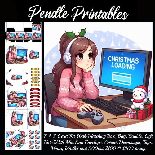 Christmas Loading Female Gamer. 9 Piece 7x7 Complete Kit