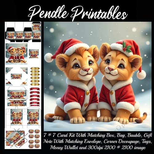 Two Cute Christmas Lion Cubs 9 Piece 7x7 Complete Kit