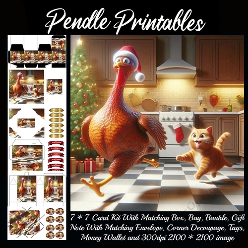 Cat Chasing A Christmas Turkey. 9 Piece 7x7 Complete Kit
