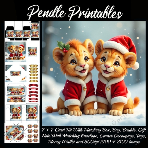 Two Cute Christmas Lion Cubs.  9 Piece 7x7 Complete Kit