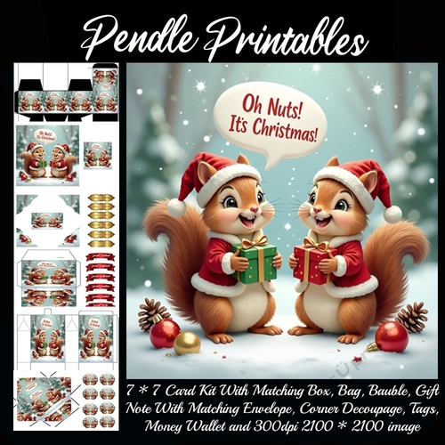 Oh Nuts! Its Christmas! Cute Squirrels.  9 Piece 7x7 Complete Kit