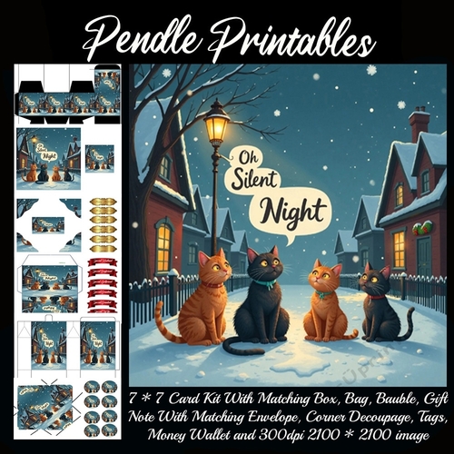 Oh Silent Night! The Cat Carol Singers.  9 Piece 7x7 Complete Kit