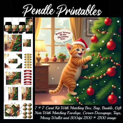 Rockin Around In The Christmas Tree. Cute Kitten.  9 Piece 7x7 Complete Kit