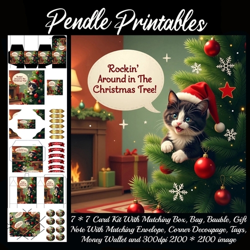 Rockin Around In The Christmas Tree. Cute Kitten (2).  9 Piece 7x7 Complete Kit
