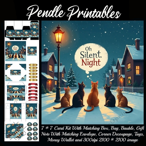 Oh Silent Night! The Cat Carol Singers (2).  9 Piece 7x7 Complete Kit