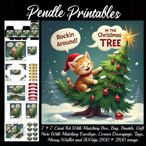 Rockin Around In The Christmas Tree. Cute Kitten (3)  9 Piece 7x7 Complete Kit