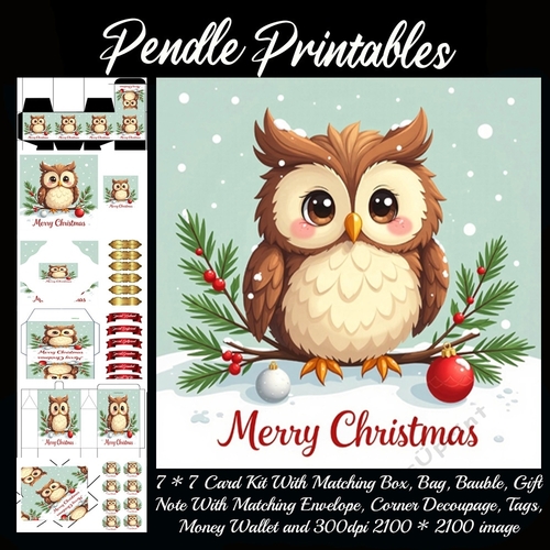 Vintage Style Merry Christmas Cute Owl.  9 Piece 7x7 Complete Kit