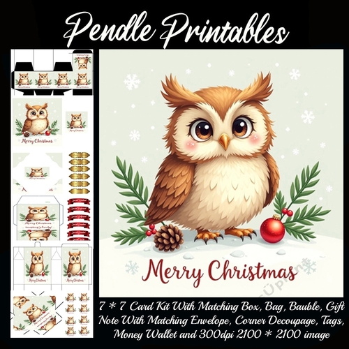 Vintage Style Merry Christmas Cute Owl (2).  9 Piece 7x7 Complete Kit